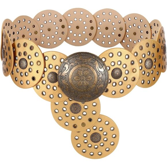Accessories - Women's Boho Disc Belt Wide Western Leather Belt Vintage Concho Waist Belts Gold